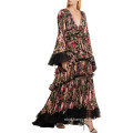 Tiered Lace-Trimmed Silk Lace Gown